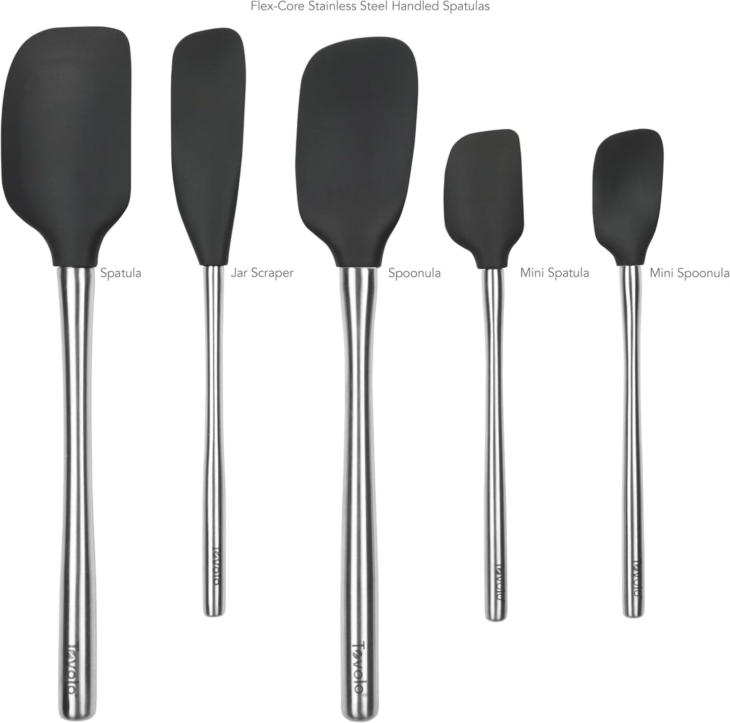 Tovolo Flex Core 5 Piece Silicone Spatula Set Heat Resistant All Silicone Utensils Include Non Stick Spatula Spoonula Jar Scraper, Dishwasher Safe BPA Free Spatulas for Baking Mixing, White