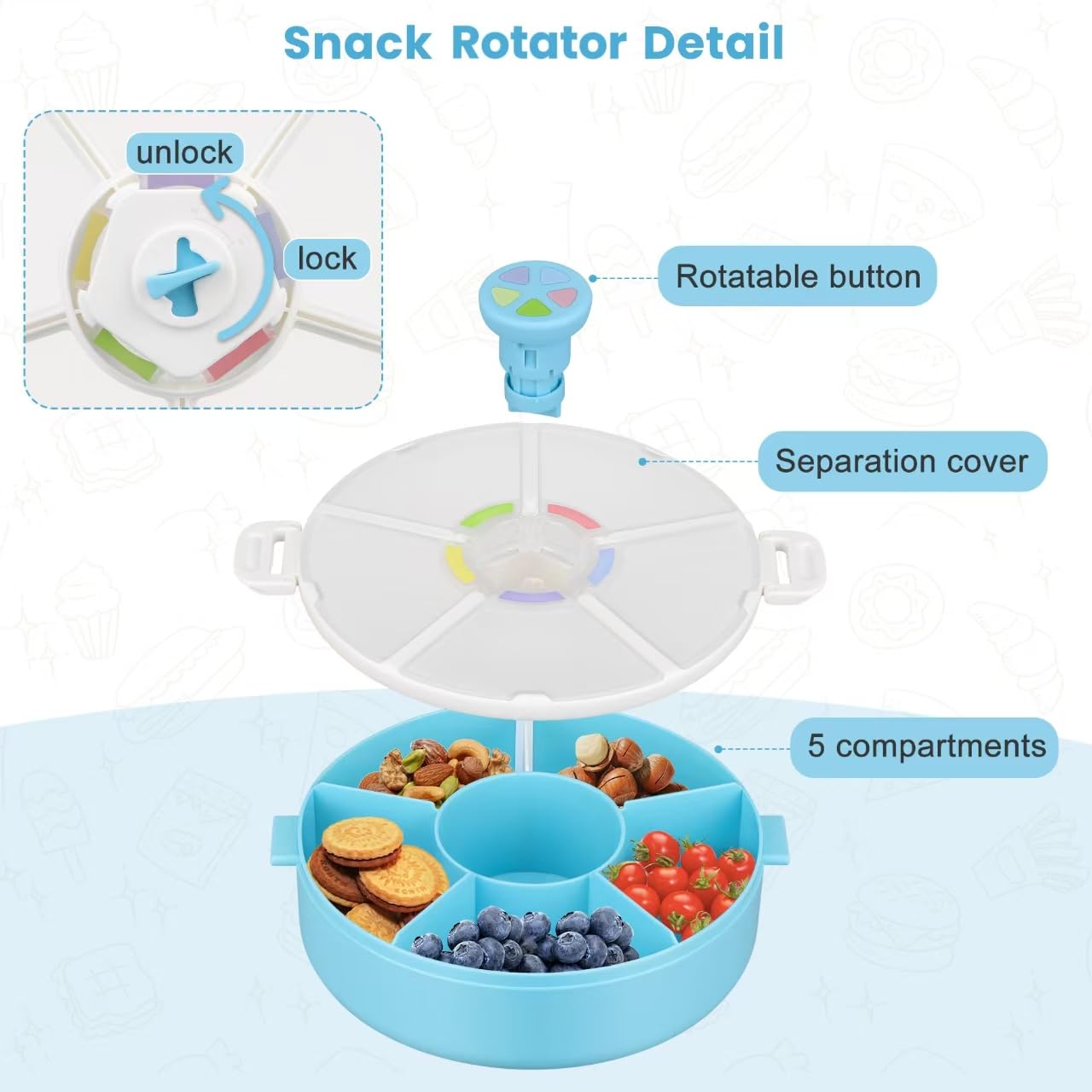 Pawtong Snack Rotator Container Reusable Snack Box with 5 Compartment Dispenser and Lid, Color Matching Opening Lid, BPA and PVC Free, for Home, School, Travel (1 Pack- Pink)