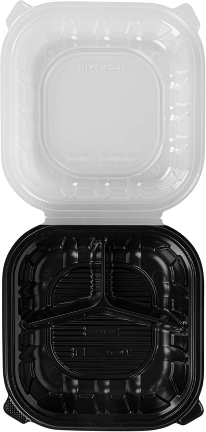 Thermo Tek 40 Ounce Clamshell Containers, 50 Disposable Take Out Boxes - 3 Compartments, Ventilated Lids, Black Plastic Meal Prep Containers, Microwavable, For Pasta Or Salads - Restaurantware