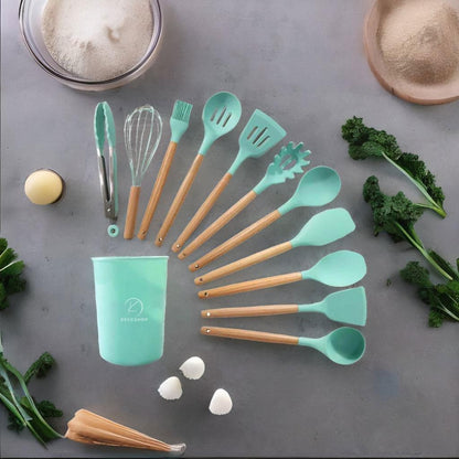 Deluxe 12-Piece Silicone Kitchen Utensils Set with Durable Cooking Tools - Heat Resistant Nonstick Cookware Essentials, Includes Spoon, Spatula, Ladle, and Utensil Set Holder (Turquoise)