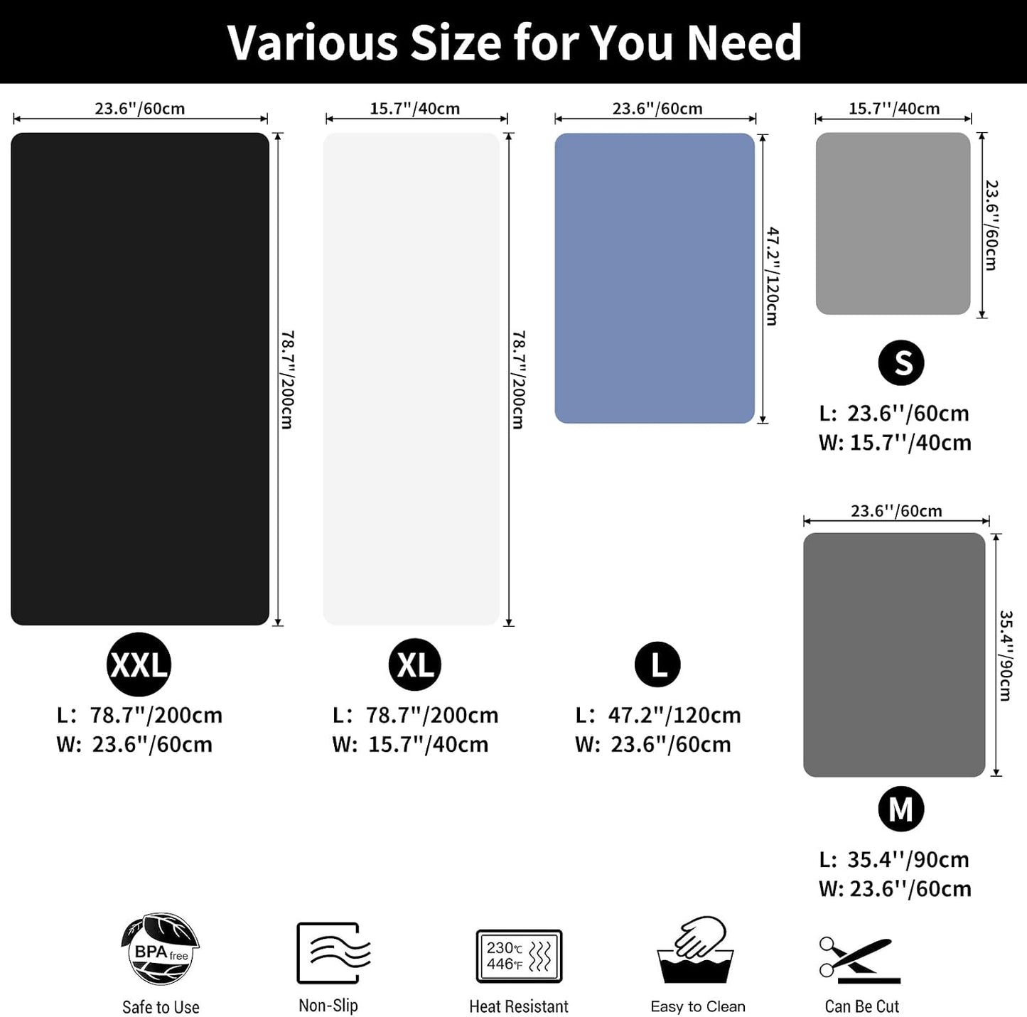 Silicone Mats for Kitchen Counter, 47.3"x23.6"x0.08" Largest Heat Resistant Mat Kitchen Island Waterproof 2MM Thick Countertop Protector Mat Nons-slip Extra Large Counter Mat (Black)