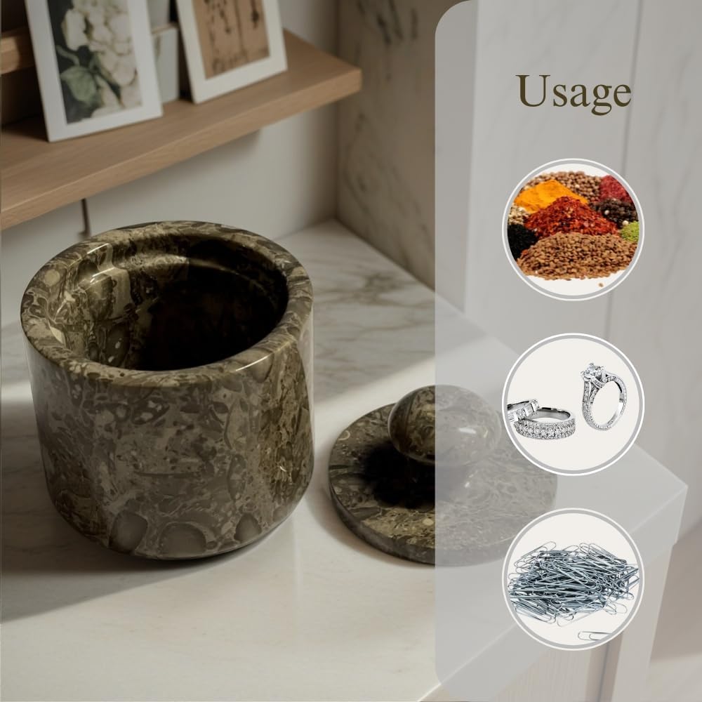 Marble Salt Cellar Keep Spices Fresh Seasoning Holder for Herbs Sugar Salt Keeper With Handmade Lid Knob Like Mushroom Best 3-Inch Marble Dish (Green Onyx and White)