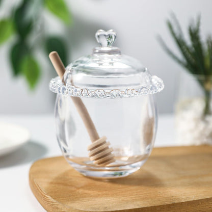 Honey Jars,9 oz Clear Glass Honey Pot Set with Dipper and Lid - Glass Honey Dispenser,Syrup Jar,Containers for Kitchen - Honeypot with Dipper Sticks - Honey Containers (Hexagon)