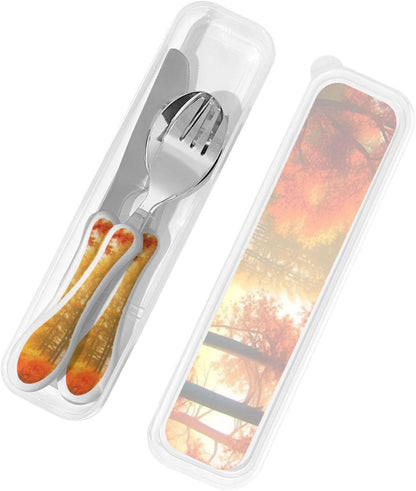 3-Piece Kids Silverware Set With Storage Case, Stainless Steel Reusable Children Safe Knife Spoon Fork Set Blue Active Girl Running Sunset Children Flatware Set For Kids Lunch Box - Colors B