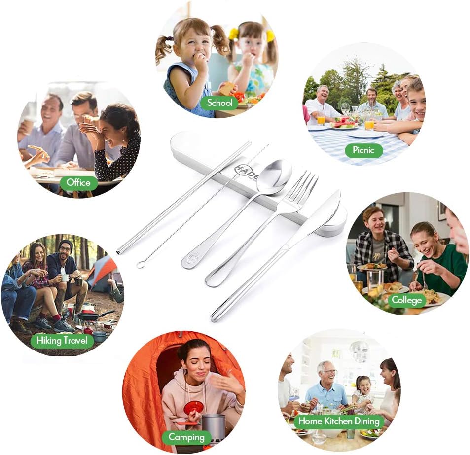 7 in 1 Portable Utensils with Stainless Steel Case for Travel/Camping/Office/School, Reusable Eco-friendly Utensils Silverware Set with Knife/Fork/Spoon/Cleaning Brush/Straws