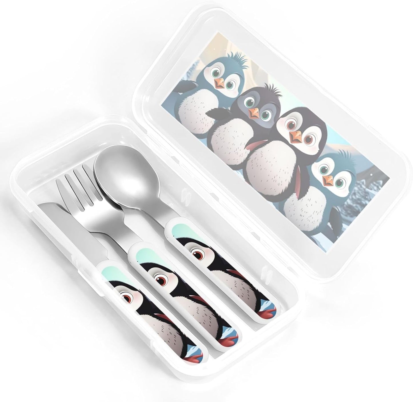 3-Piece Children Utensils Set Five cute penguins Knife Spoon Fork Set Stainless Steel Silverware Set Easy-Grip Reusable Utensils Set Child Flatware Set with Case for Lunch Travel