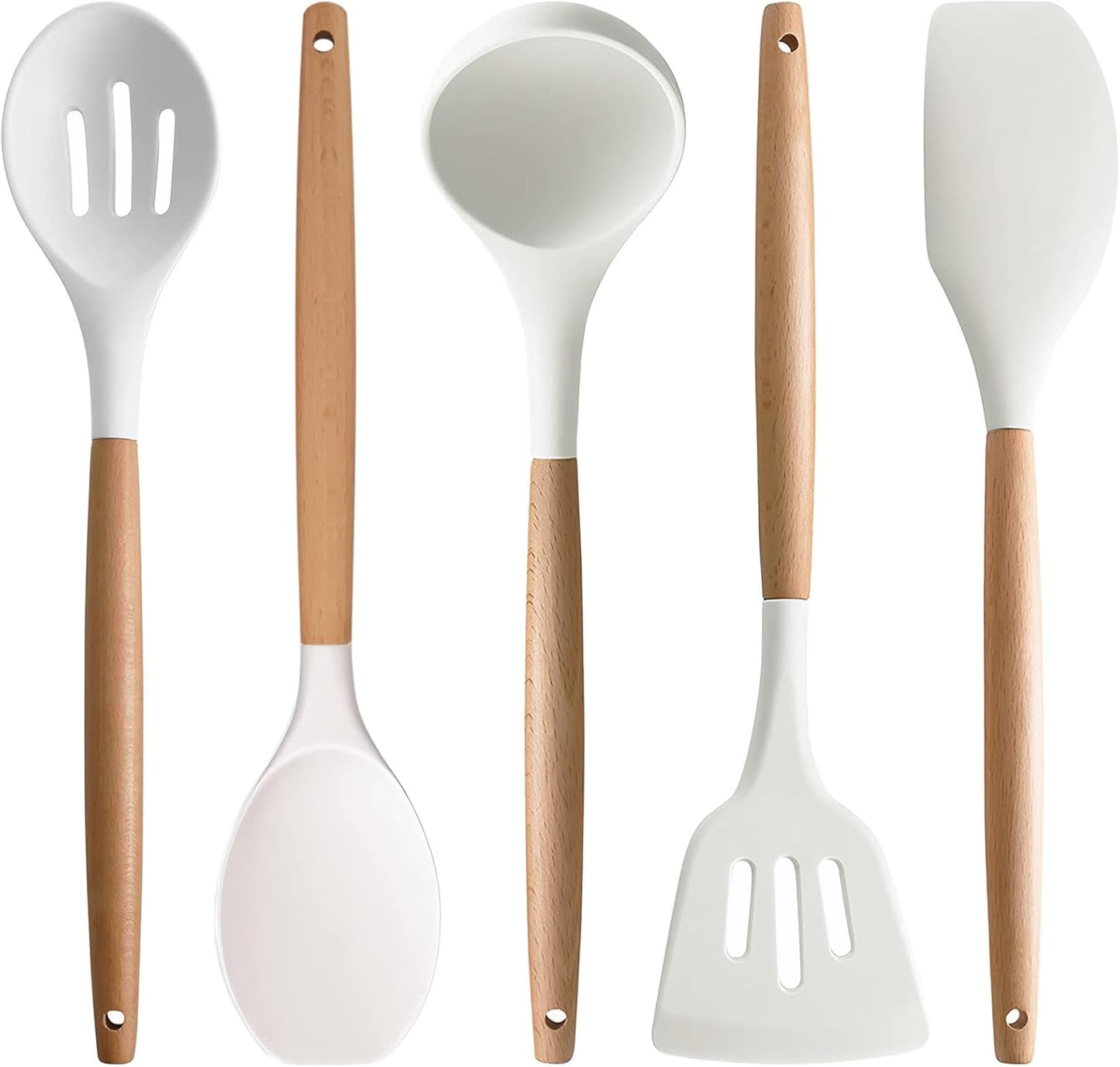 Kitchen Cooking Utensils Set, 6Pcs Silicone Kitchen Utensils Set Spatula Spoon Soup Ladle Turner, Heat Resistant Wooden Handle Silicone Cooking Gadgets for Nonstick Cookware & Baking BPA FREE