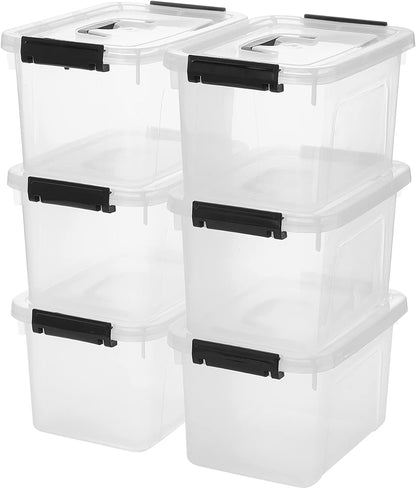 6 Quart Stackable Plastic Storage Bins with Lids, 6 Pack Clear Black Small Organizer Boxes with Latches for Bathroom, Pantry, Office Desk and Small Item Storage