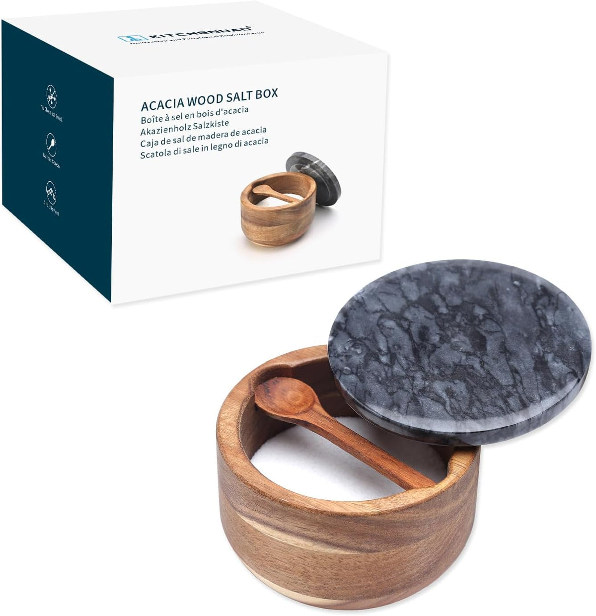 KITCHENDAO Large Acacia Salt Cellar Box Bowl with Built-in Spoon and Marble Lid, Solid Natural Acacia Wood Bath Sea Salt Container, Grey Marble Lid, Pepper Sealer Pinch Bowl, 10oz Capacity
