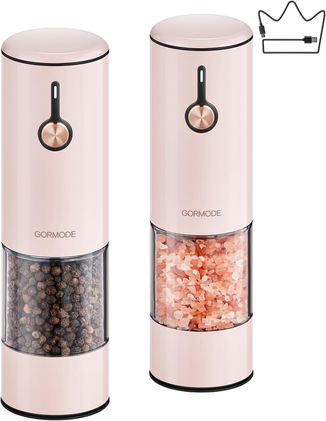 Stainless Steel Rechargeable Electric Salt and Pepper Grinder Set – USB Charging, One-Hand Electric Mill, Adjustable Coarseness, LED Light & Dust Cover –2pack(Greige & Buttercream)