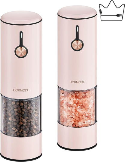 Stainless Steel Rechargeable Electric Salt and Pepper Grinder Set – USB Charging, One-Hand Electric Mill, Adjustable Coarseness, LED Light & Dust Cover –2pack(Greige & Buttercream)