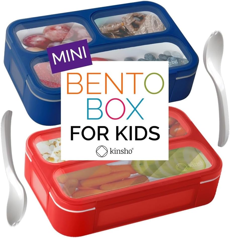 Small Snack Containers for Kids Toddlers - 3 Compartments (Set of 2) - Leak-Proof Reusable Boxes with Lids - BPA-Free Plastic Mini Bento Lunch Box - Holds 2 Cups Capacity (Pastel Blue+Teal Sparkle)