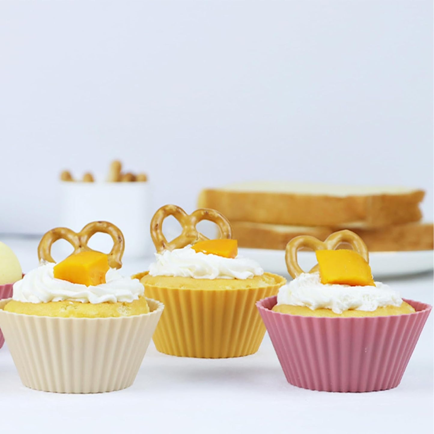 24Pack Silicone Muffin Cups, Reusable Cupcake Liners Molds for Baking, 3 Shapes Lunch Box Bento Dividers-Round, Square, and Rectangular (Orange Series, Regular Size)