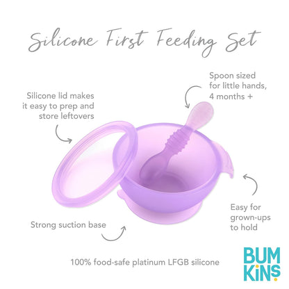 Bumkins Baby Bowl, Silicone Feeding Set with Suction for Baby and Toddler, Includes Spoon and Lid, First Feeding Set, Training Essentials for Baby Led Weaning for Babies 4 Months Up, Sage