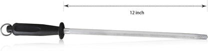 12-Inch Knife Sharpening Rod, Fine Carbon Honing Steel, Black Handle