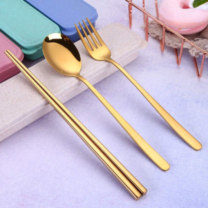 AARAINBOW 6 Pieces 18/8 Stainless Steel Flatware Set Portable Reusable Cutlery Set Travel Utensils Set Including Chopsticks Knife Fork Spoon Straws Cleaning Brush Dishwasher Safe (Green golden)