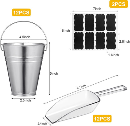 Harloon 12 Pcs Galvanized Bucket with 12 Clear Plastic Ice Scoop 20.3 oz Metal Beer Bucket with Handle Metal Pail Mini Toy Container 16 Blackboard Sticker for Candy Popcorn Snacks Party Supplies