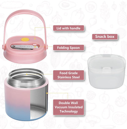 2 - in - 1 Soup Thermo for Hot Food 14oz with Snack Box Container Leak Proof Insulated Lunch Container Kids and Adults Stainless Steel Double Wall Vacuum Wide-mouth Thermal with Spoon and Handle