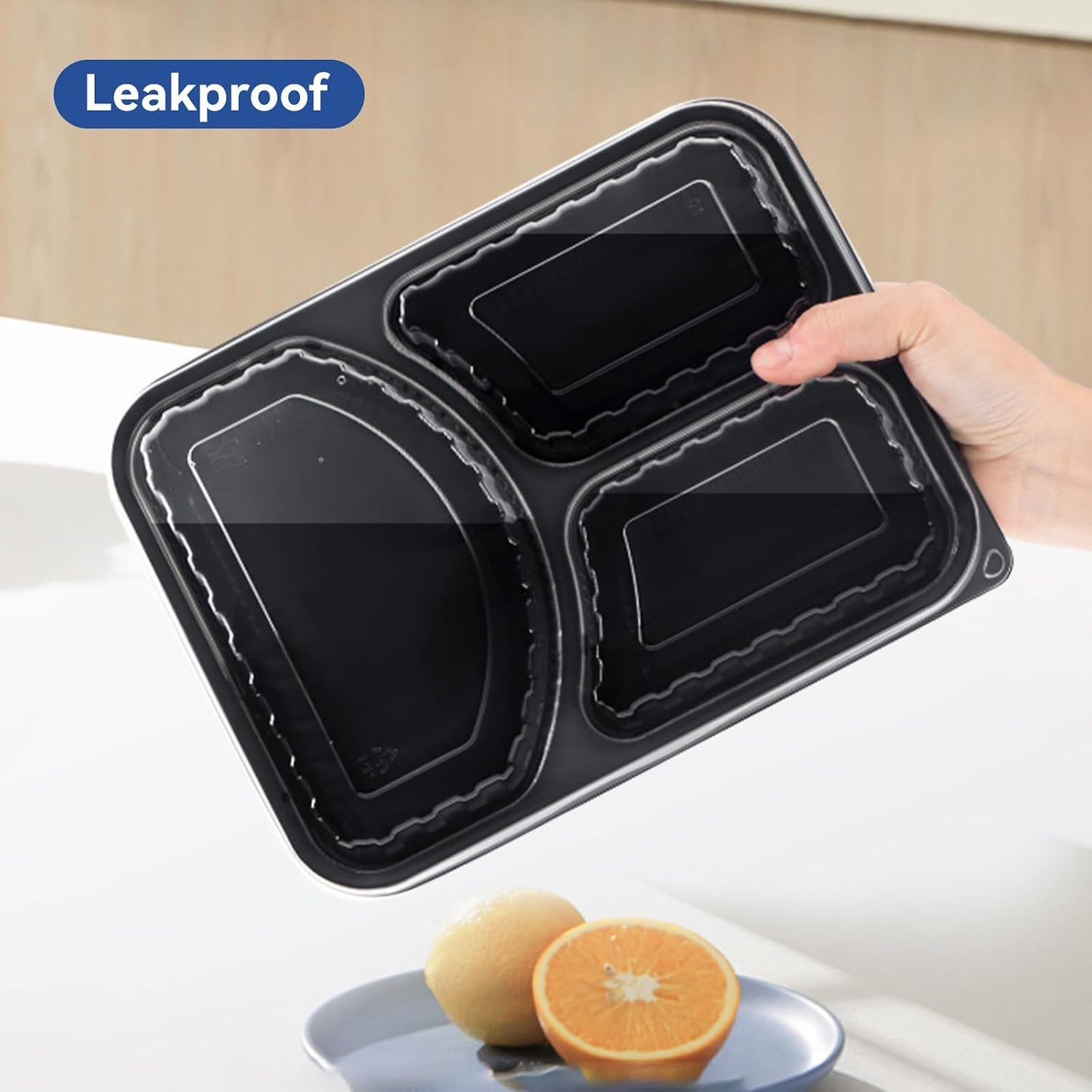Take Out Containers 38 oz 40 Pack - Shrink Wrapped 3 Compartment Leakproof Catering | BPA Free PP Plastic Microwave & Freezer Safe | Flexible Reusable Commercial Black Lunch Boxes with Lid