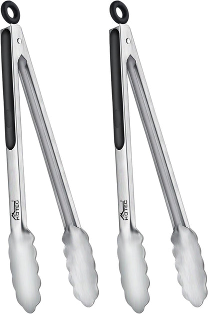 Hotec Stainless Steel Kitchen Tongs, Set of 3-7", 9" and 12", Locking Metal Food Tongs for Cooking, Serving, BBQ, Grill with Non-Slip Grip