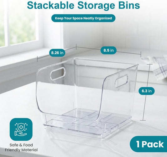 Basicwise 9-Inch Open-Front Clear Storage Bin with Easy-Grip Handle Stackable Transparent Plastic Organizer Container for Pantry Cabinet Refrigerator Drawers Closets and Shelf Organization, Medium