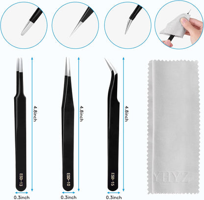 YHYZ Precision Tweezers Set, Premium Stainless Steel Anti-Static ESD Tweezes, Suitable for Tweezers, for Craft, Electronic, Soldering, Model, Hobby, Jewelry Making Laboratory