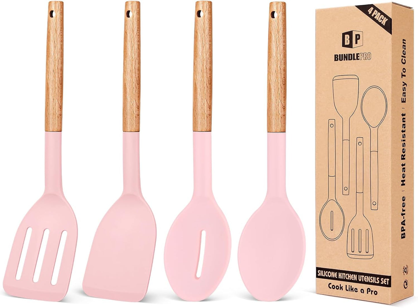 Pack of 4 Silicone Cooking Utensils Set, Non Stick Solid Spatulas and Heat Resistant Slotted Spoons with Wooden Handle, Ideal Wood Kitchen Utensils Set for Frying,Serving,Turning,Stirring (KHAKI)