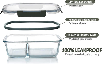 [10-Pack] 1 Compartment Glass Meal Prep Containers with Lids, [5-Pack,36 Oz] Glass Meal Prep Containers 2 Compartments with Lids