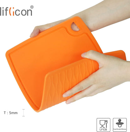 Liflicon Thick Cutting Boards for Kitchen Silicone Chopping Board Set of 2 Mid 12.6'' x 9.1”,Mini 9.1”x7.1” Non-slip Deep Drip Juice Groove Easy Grip Handle,Dishwasher Safe-Red