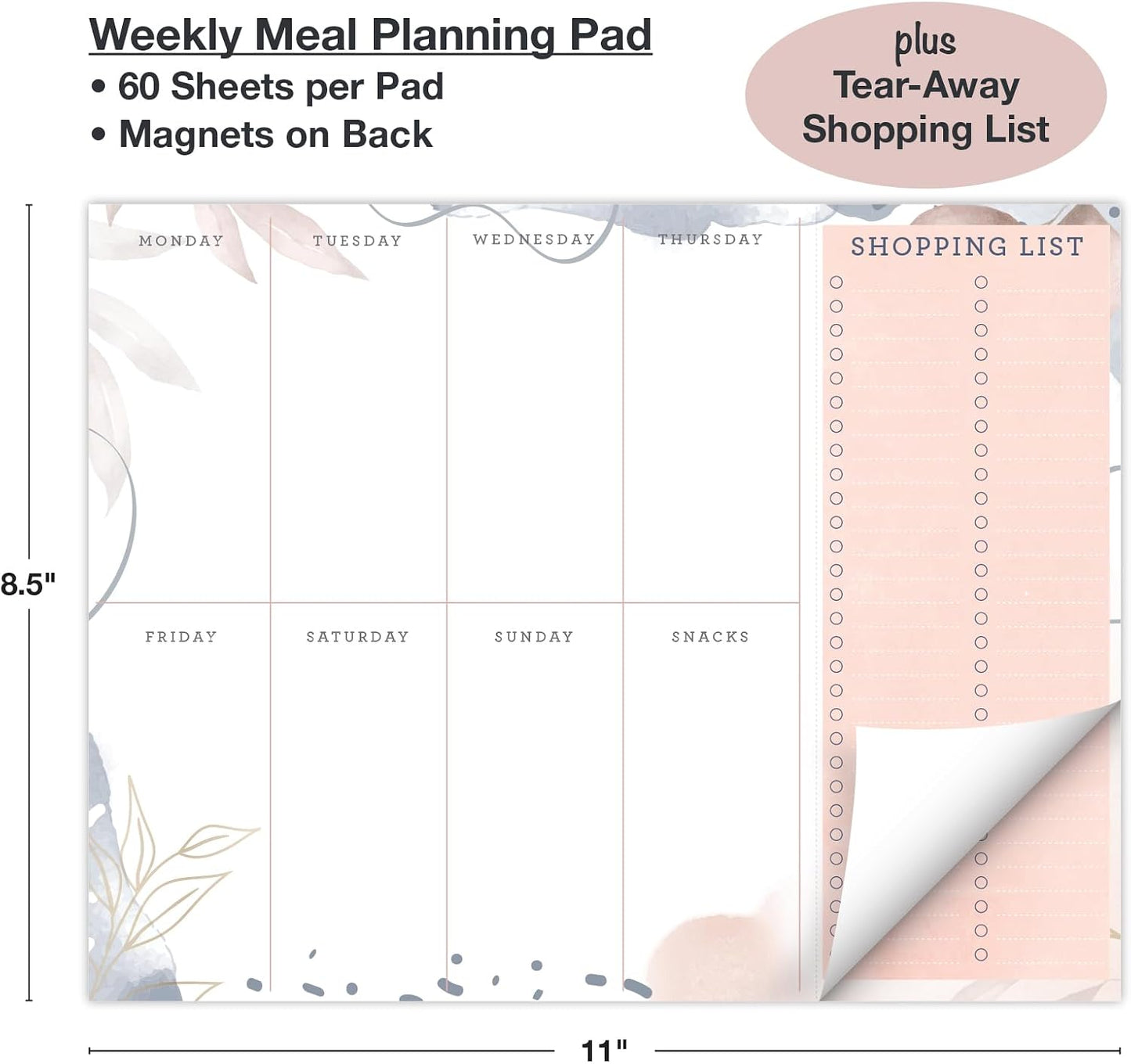Global Printed Products 8.5" x 11" Horizontal Meal Planning Pad, 60-Sheets, Soft Pink Floral