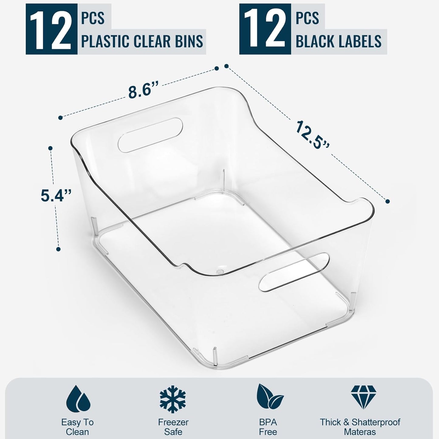 12 PACK Multi-Use Clear Plastic Storage Bins for Organizing w/Labels - Home, Kitchen, Pantry, Bathroom, Office, Cabinet Shelf Organizer Bins - SOHO Collection, RV, Fridge Organization Containers - L