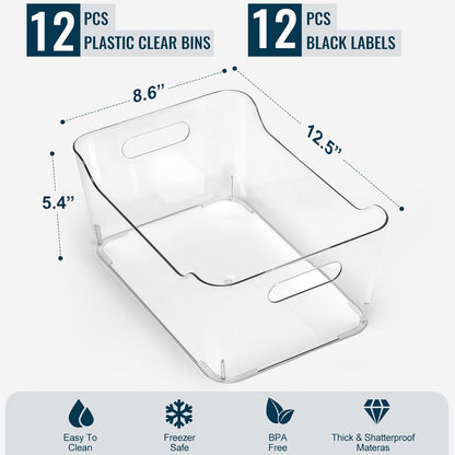 12 PACK Multi-Use Clear Plastic Storage Bins for Organizing w/Labels - Home, Kitchen, Pantry, Bathroom, Office, Cabinet Shelf Organizer Bins - SOHO Collection, RV, Fridge Organization Containers - L