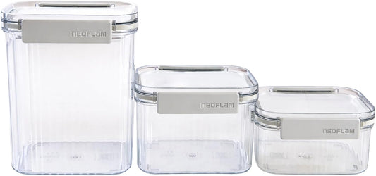 Neoflam 3 Set Airtight Kitchen Pantry Dry Food Container with Handle, Dog, Cat, Pet Feed Dispenser with Measuring Cup, Refrigerator Cabinet Organization for Cereal, Rice, Grain, Pasta (61oz, 1800ml)
