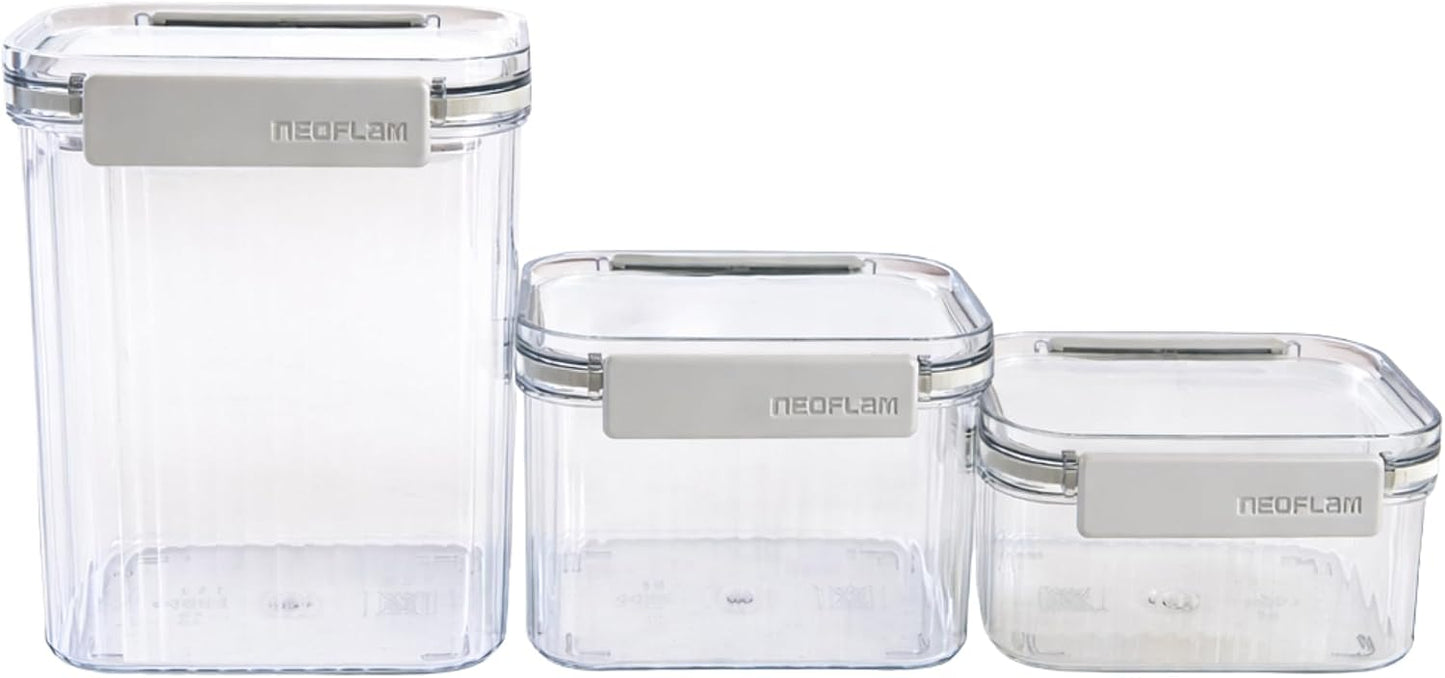 Neoflam 3 Set Airtight Kitchen Pantry Dry Food Container with Handle, Dog, Cat, Pet Feed Dispenser with Measuring Cup, Refrigerator Cabinet Organization for Cereal, Rice, Grain, Pasta (61oz, 1800ml)