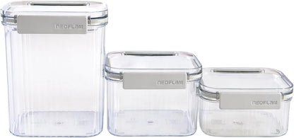 Neoflam 3 Set Airtight Kitchen Pantry Dry Food Container with Handle, Dog, Cat, Pet Feed Dispenser with Measuring Cup, Refrigerator Cabinet Organization for Cereal, Rice, Grain, Pasta (61oz, 1800ml)
