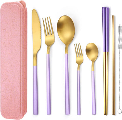 AARAINBOW 8 Pieces Stainless Steel Flatware Set Portable Reusable Cutlery Set Travel Utensils Set Including Chopsticks Knife Fork Spoon Straws Cleaning Brush Dishwasher Safe (Pink Golden)