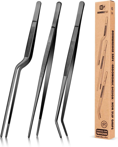 Fine Cooking Tweezers Set, Professional Stainless Steel Food Tongs, Kitchen Black Long Chef Tweezer for Cooking, Plating, Decorating and BBQ (SILVER, 12 inch)