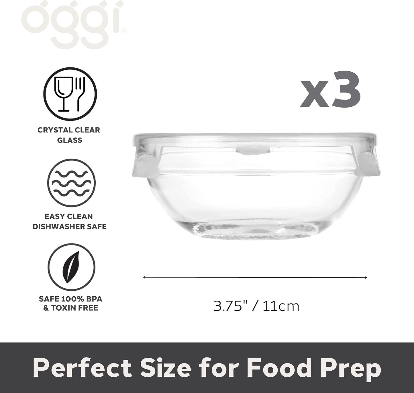OGGI Set of 3 x Glass Pinch Bowls - 4oz with Clip Lids, Ideal For Salt and Pepper, Storage with Lids, Condiment Bowls, Mini Bowls, Prep Bowls for Cooking or Mise en Place - Clear
