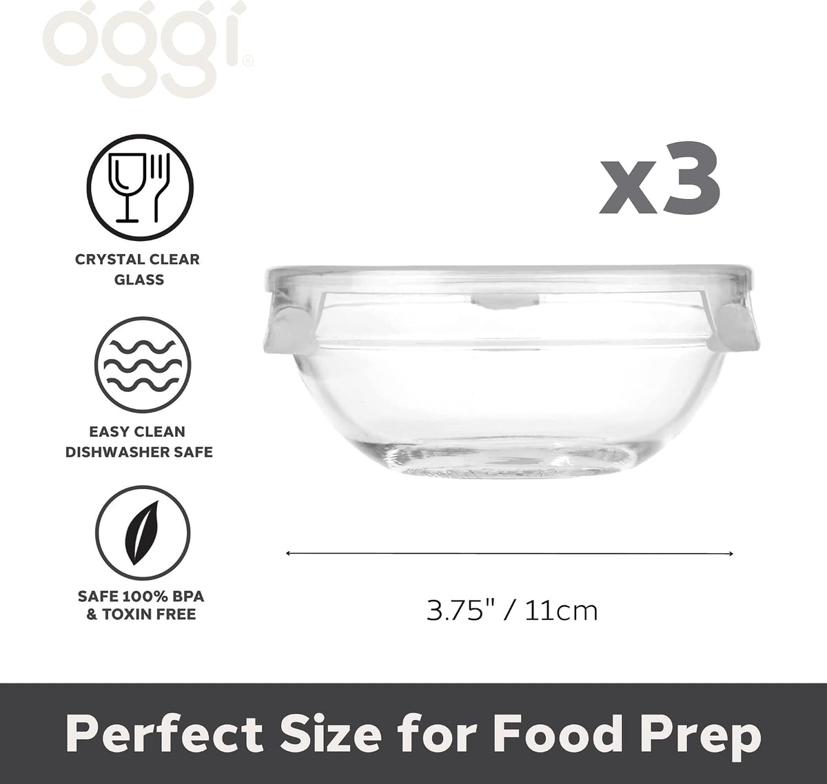 OGGI Set of 3 x Glass Pinch Bowls - 4oz with Clip Lids, Ideal For Salt and Pepper, Storage with Lids, Condiment Bowls, Mini Bowls, Prep Bowls for Cooking or Mise en Place - Clear