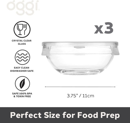 OGGI Set of 3 x Glass Pinch Bowls - 4oz with Clip Lids, Ideal For Salt and Pepper, Storage with Lids, Condiment Bowls, Mini Bowls, Prep Bowls for Cooking or Mise en Place - Clear