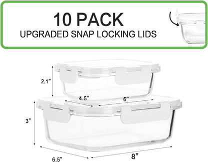 [10-Pack] Glass Meal Prep Containers with Lids, MCIRCO Food Storage Containers with Snap Locking Lids, Airtight Lunch Containers, Microwave, Oven, Freezer and Dishwasher