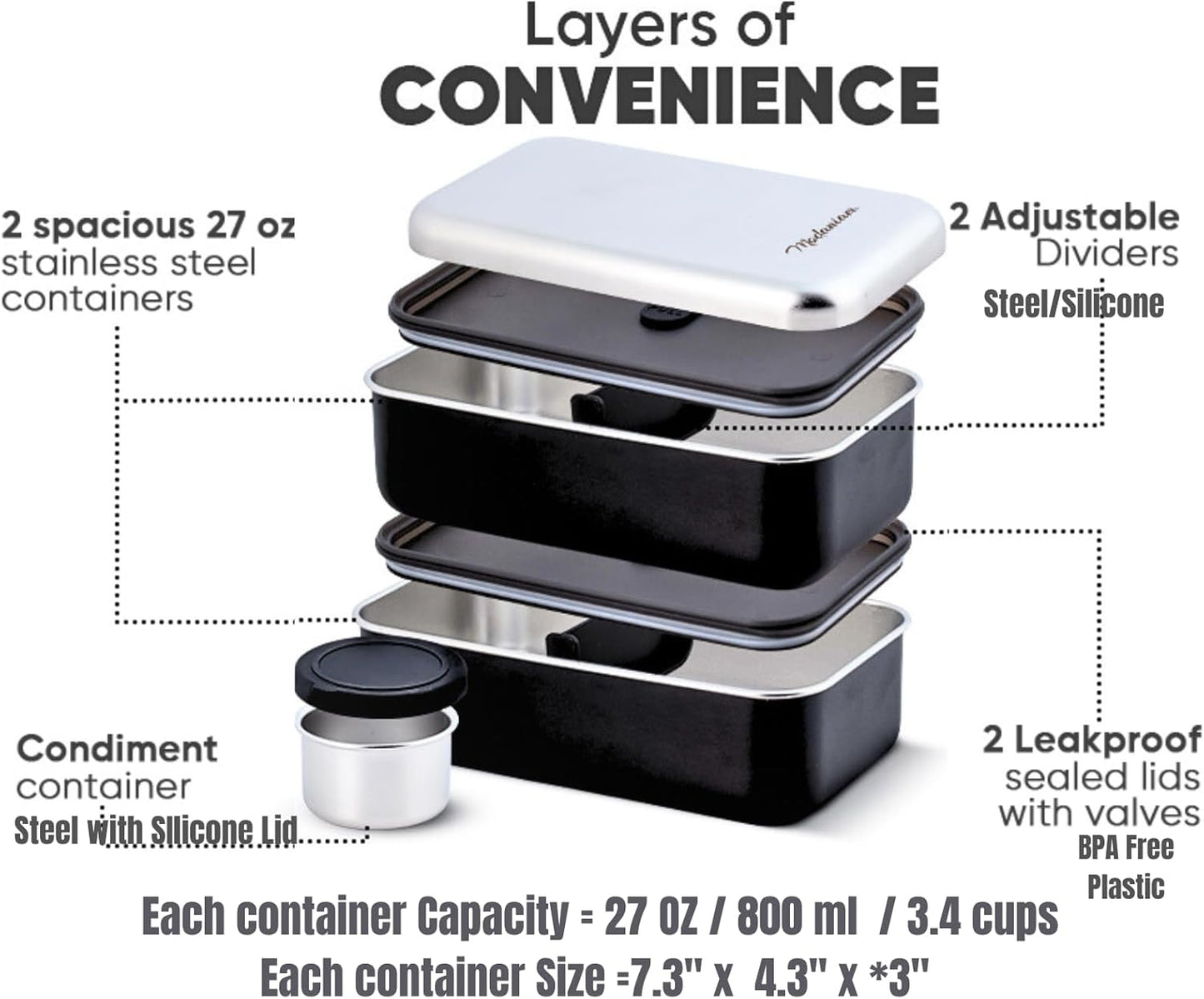 Modaniam Leak Proof Stainless Steel Bento Box, Stainless Steel Lunch Box For Adults, Metal Bento Box, Japanese Lunch Container, Large With Compartment, Korean Bentobox, Non Toxic, Microwave Safe
