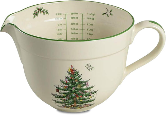Spode Christmas Tree Batter Jug - Large 2 Quart Mixing Bowl with Handle & Spout, Holiday Bakeware for Pancakes, Cookies & More - Dishwasher Safe Earthenware with Interior Measurements