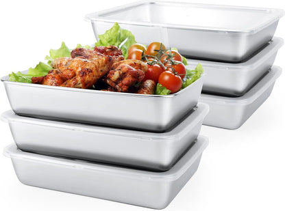 4 PCS Stainless Steel Food Storage Containers with lids,2.16 Inch Deep, 8x10 Inch Stainless Steel Oven plate, Metal Roasting Pan for Meal Prep、Meat, Rustproof & Heavy, Freezer & Dishwasher Safe