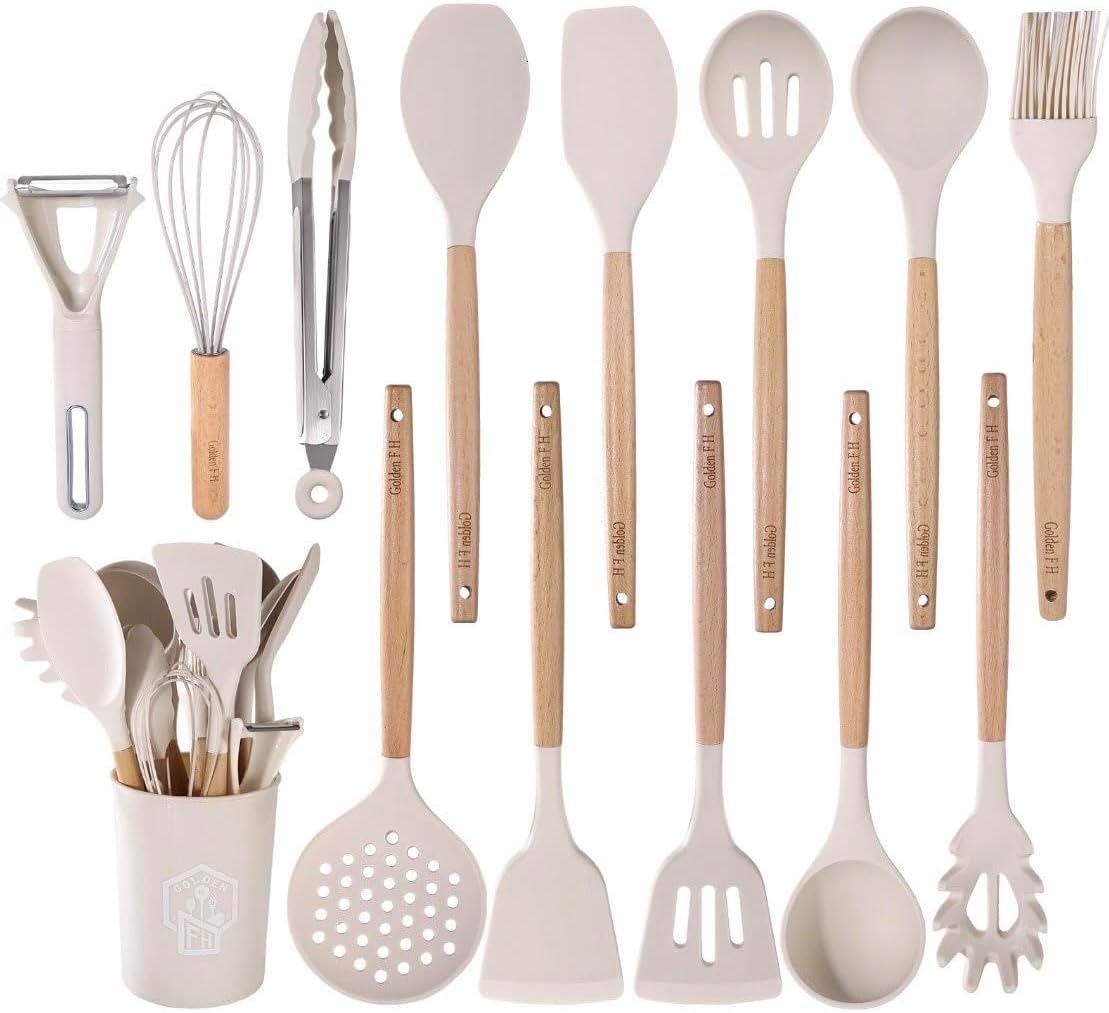 Silicone Cooking Utensils Set 446°F Heat Resistant Silicone Kitchen Utensils Set, Spatula, Turner Tongs, Spoon, Whisk,Kitchen Gadgets for Nonstick Cookware, BPA Free