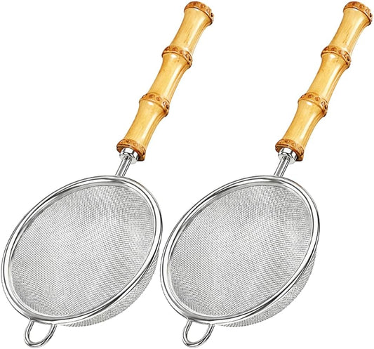 2PCS Loose Leaf Tea Strainer with Bamboo Handle Fine Mesh Stainless Steel Tea Infuser for Loose Tea Tea Filter Reusable Tea Steeper for Coffee Cocktails Juice Matcha Sifter