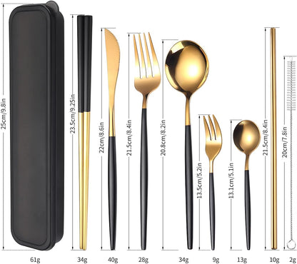 AARAINBOW 8 Pieces Stainless Steel Flatware Set Portable Reusable Cutlery Set Travel Utensils Set Including Chopsticks Knife Fork Spoon Straws Cleaning Brush Dishwasher Safe (Pink Golden)