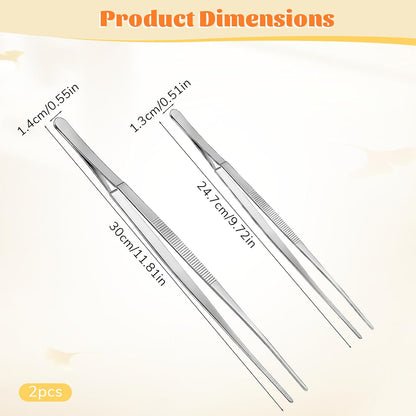 Cooking Tweezers 12 & 10 Inch Kitchen Food Tongs Stainless Steel Cooking Utensils with Precision Serrated Tips for Chef, Serving Food, Culinary, Plating