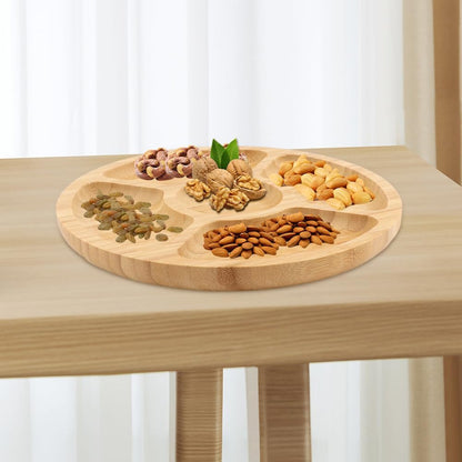 Divided Serving Tray, Bamboo Appetizer Party Platter with 5 Compartments For Serving Dishes, Serving Platters, Chip And Dip Tray, Veggie Tray, Or Taco, Round(8")