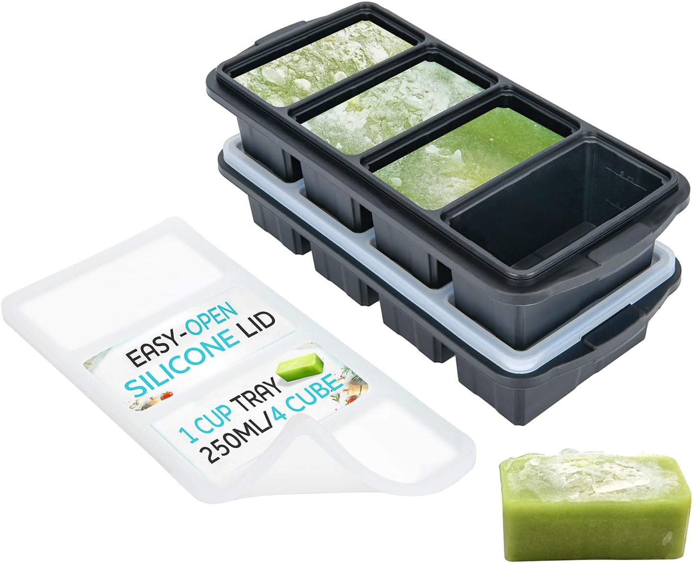 XOMOO Silicone Freezer Tray With Lid-Soup Freezer Container molds-2-cup Extra Large Ice Cube Tray-makes 4 perfect 500ml portions cubes, For freezing soup,stews,sauces.Oven&Dishwasher-Safe(2-Pack)
